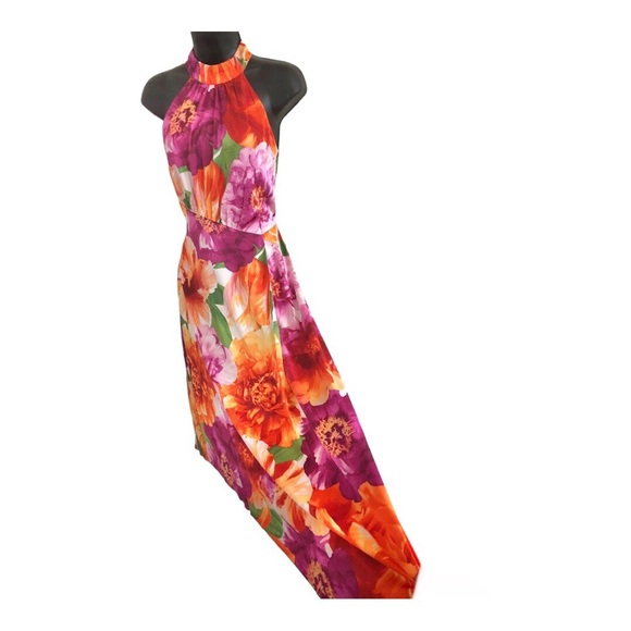 Maggy London pink tropical floral print asymmetrical flowy halter dress size 6 - Picture 4 of 16